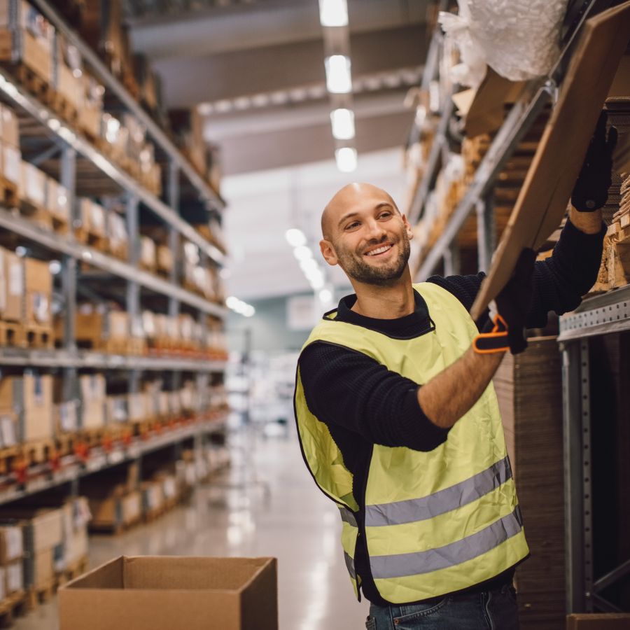 Mann arbeider på et lager