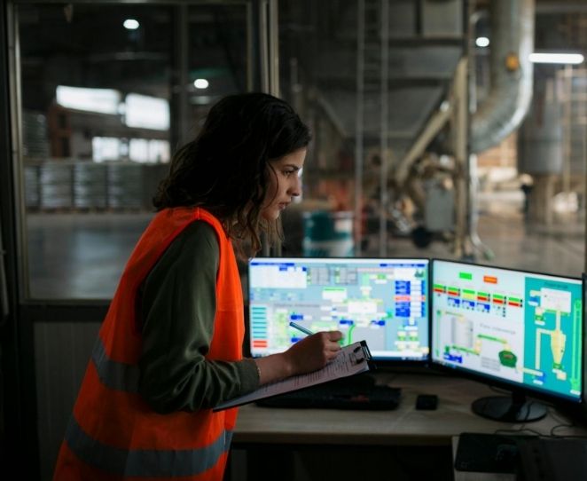 Kvinne kartlegger energiforbruk i en bedrift
