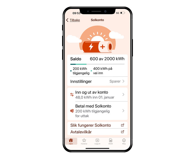 Skjermbilde av Solkonto i Fjordkraft-appen