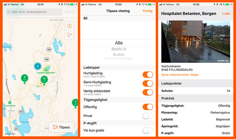 Skjermbilder fra Ladestasjoner-appen