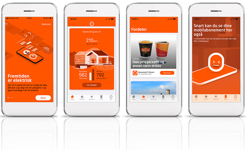 Skjermbilder fra Fjordkrafts nye app